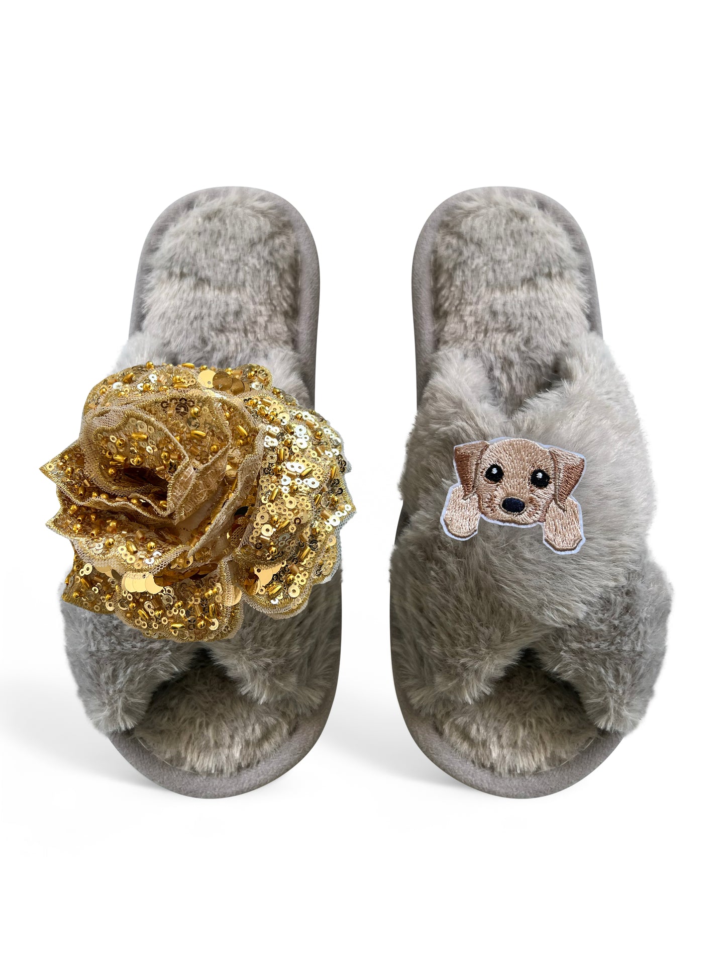 Classic Toma Open Toe Gold Sequin Flower And Dog One Slippers