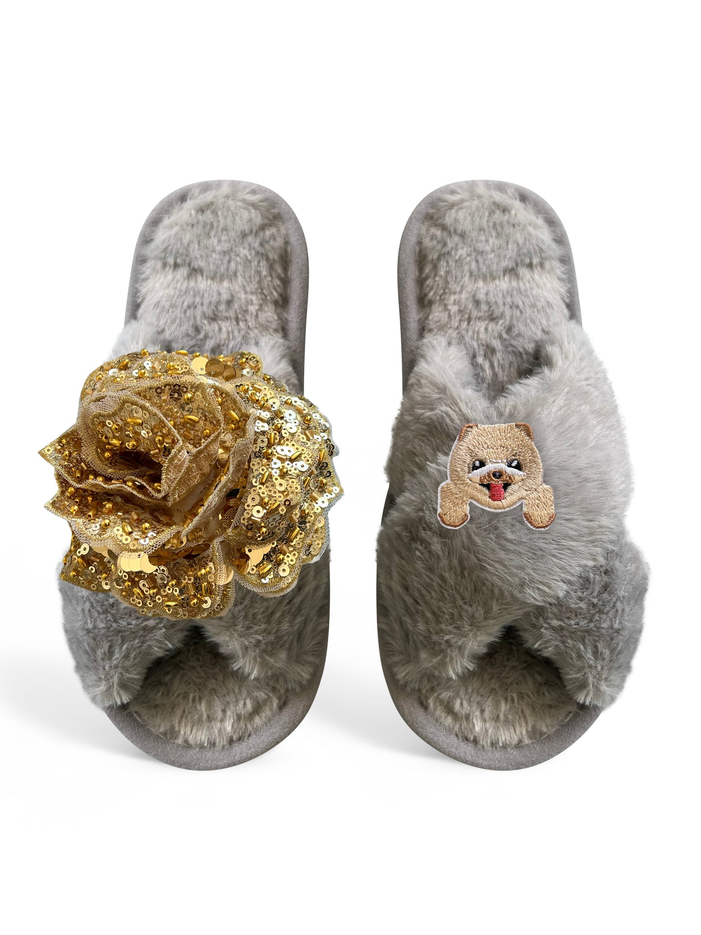 Classic Toma Open Toe Gold Sequin Flower And Dog Four Slippers