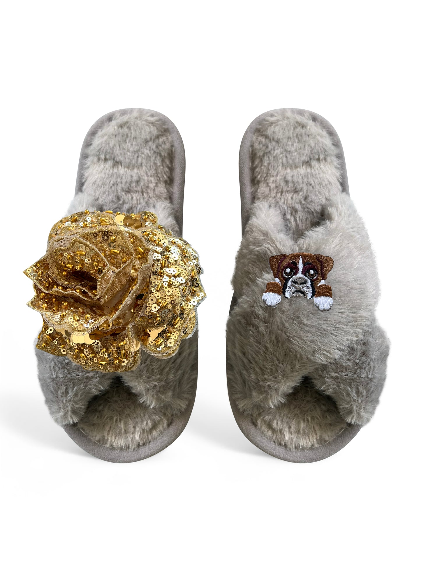 Classic Toma Open Toe Gold Sequin Flower And Dog Eight Slippers