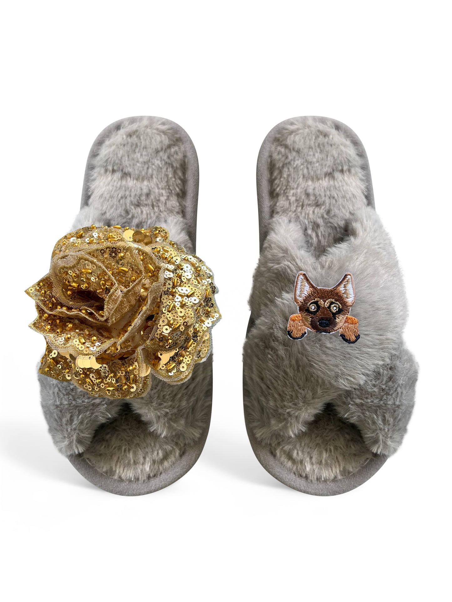 Classic Toma Open Toe Gold Sequin Flower And Dog Seven Slippers