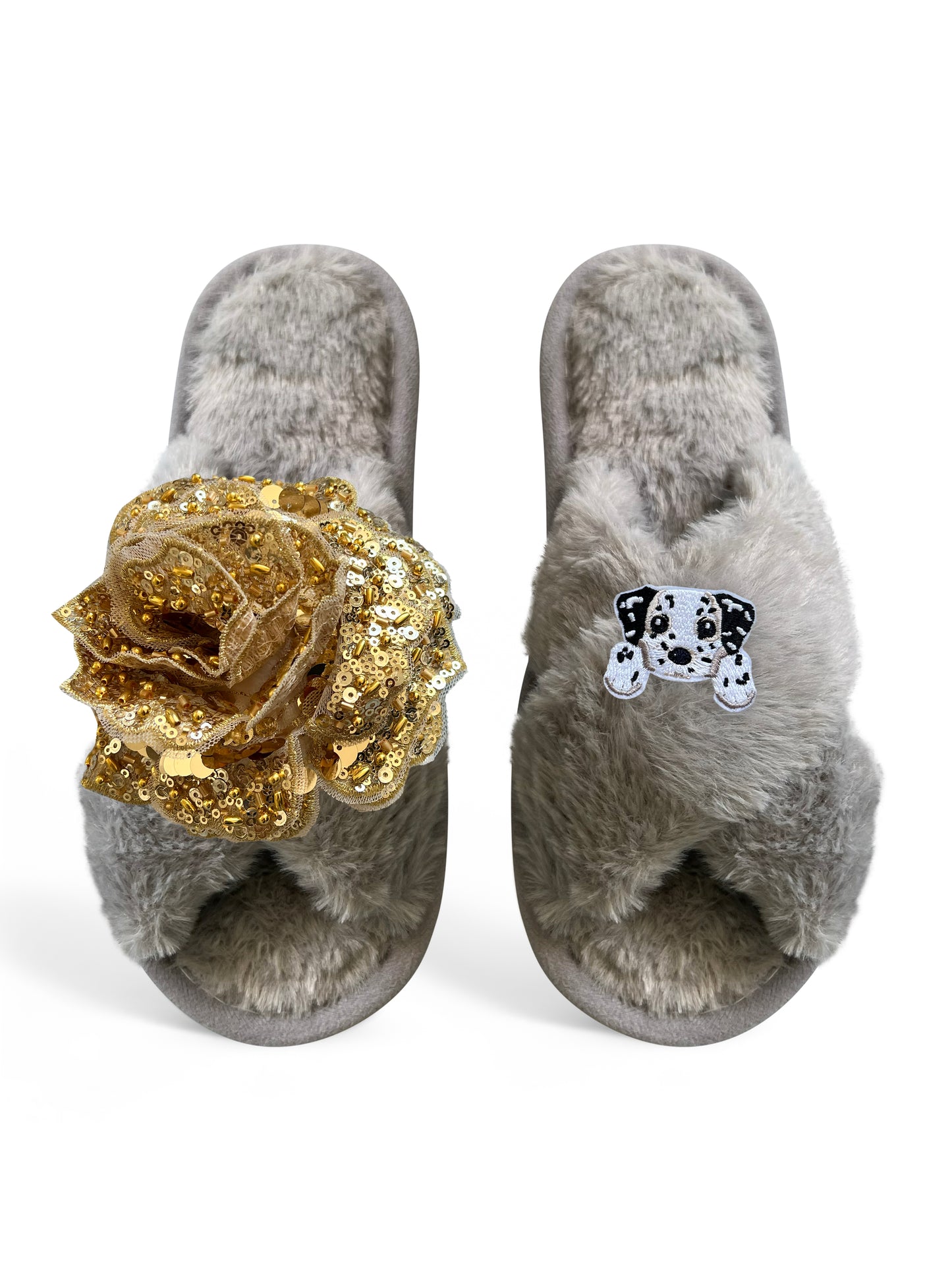 Classic Toma Open Toe Gold Sequin Flower And Dog Nine Slippers