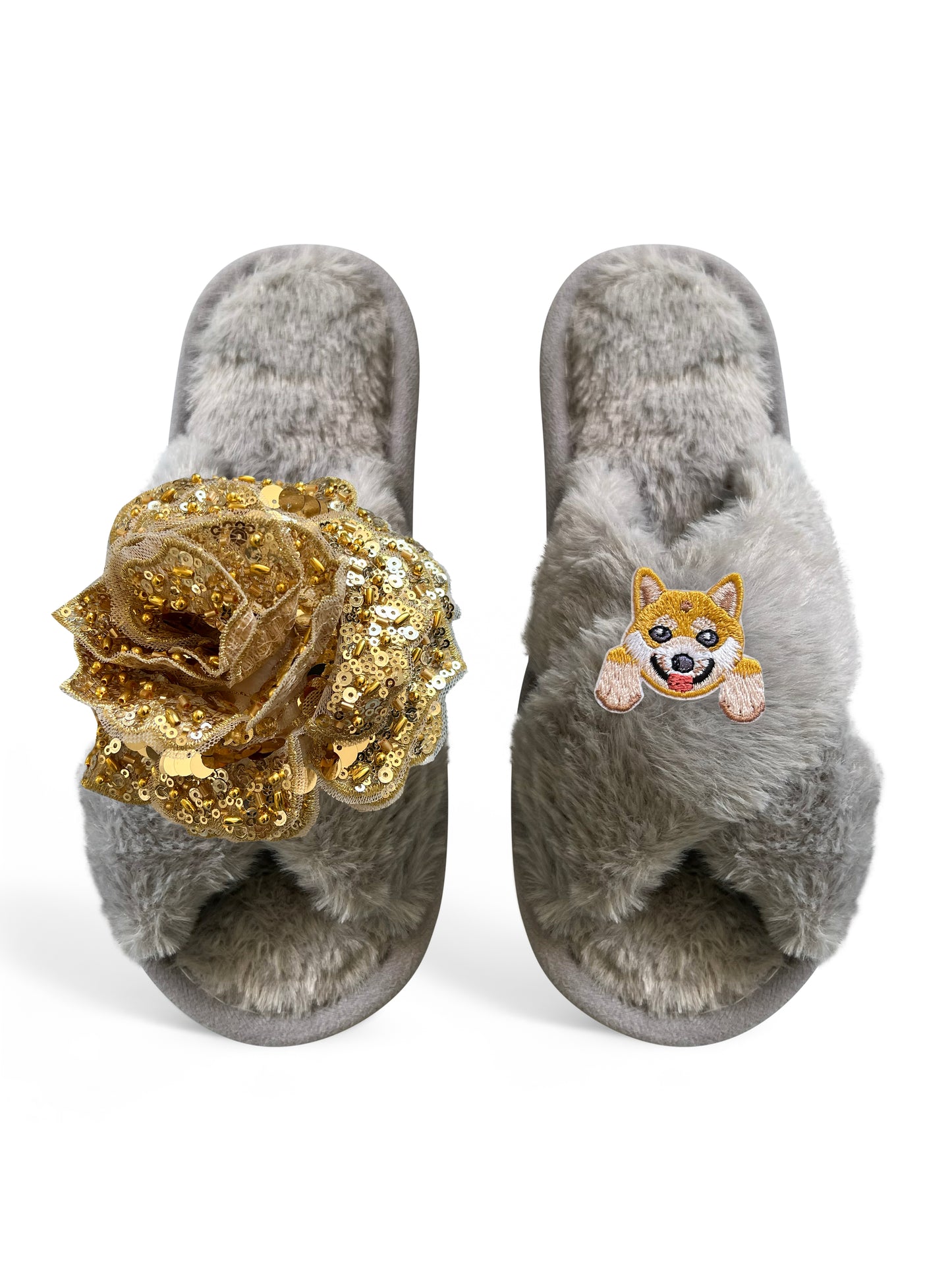 Classic Toma Open Toe Gold Sequin Flower And Dog Ten Slippers