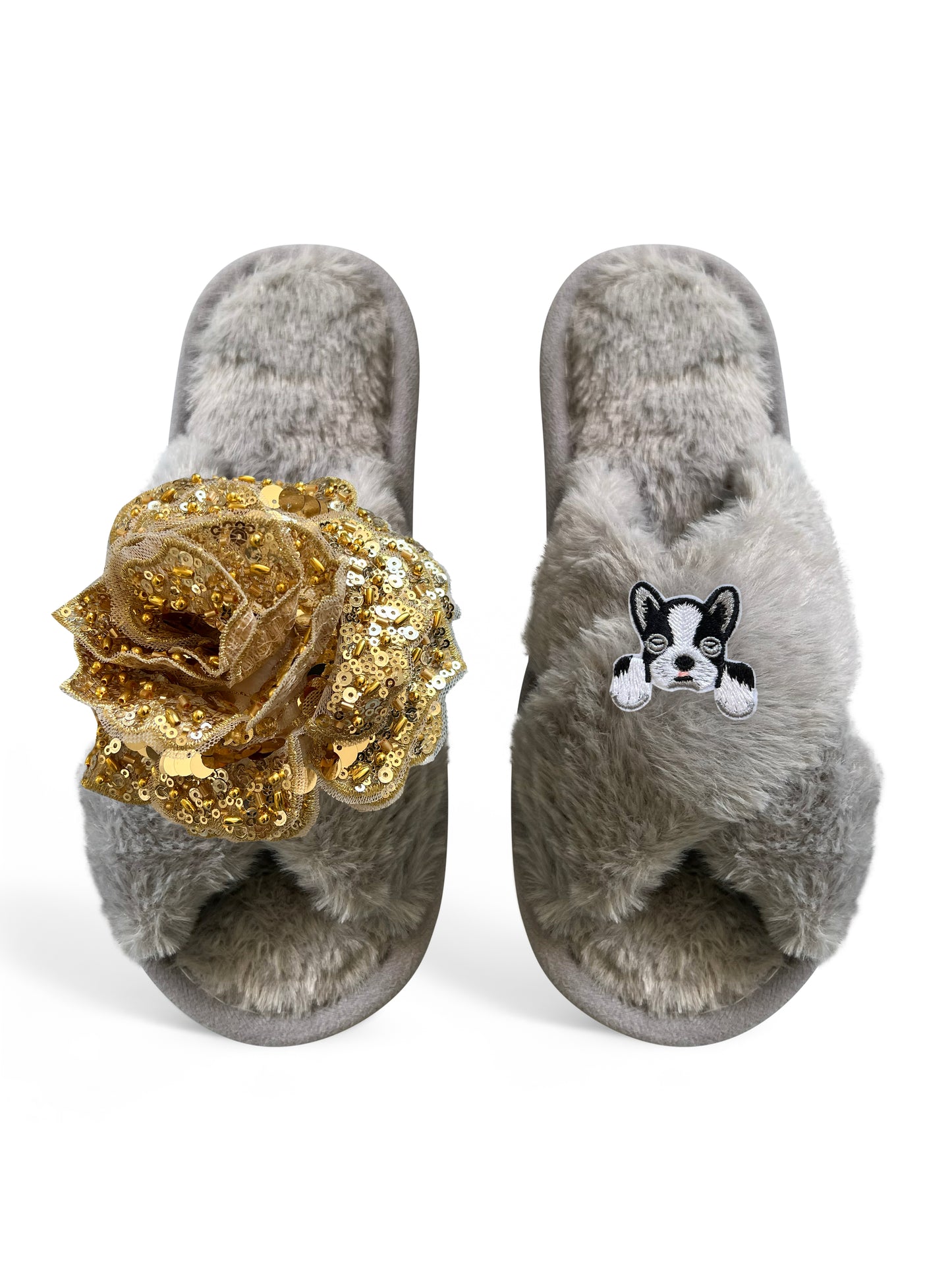 Classic Toma Open Toe Gold Sequin Flower And Dog Eleven Slippers
