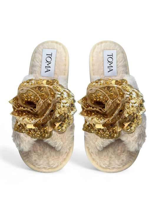 Classic Beige Faux Fur Open Toe Slippers