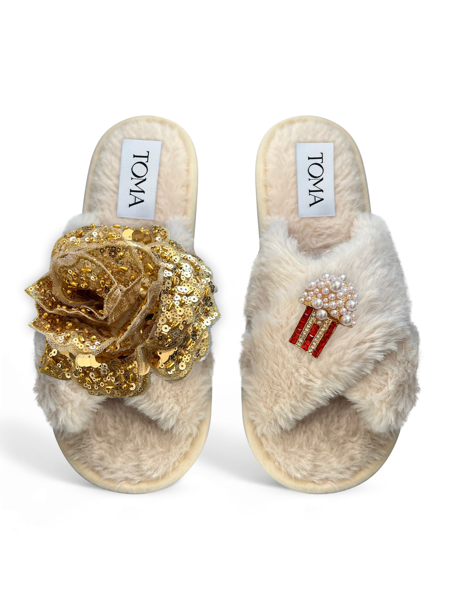 Classic Toma Faux Fur Open Toe Gold Sequin And Popcorn Slippers