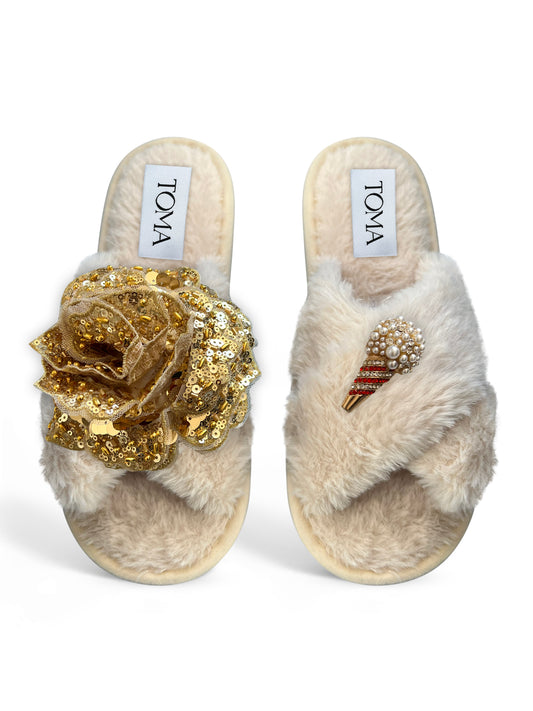 Classic Toma Open Toe Gold Sequin Flower And Popcorn Slippers