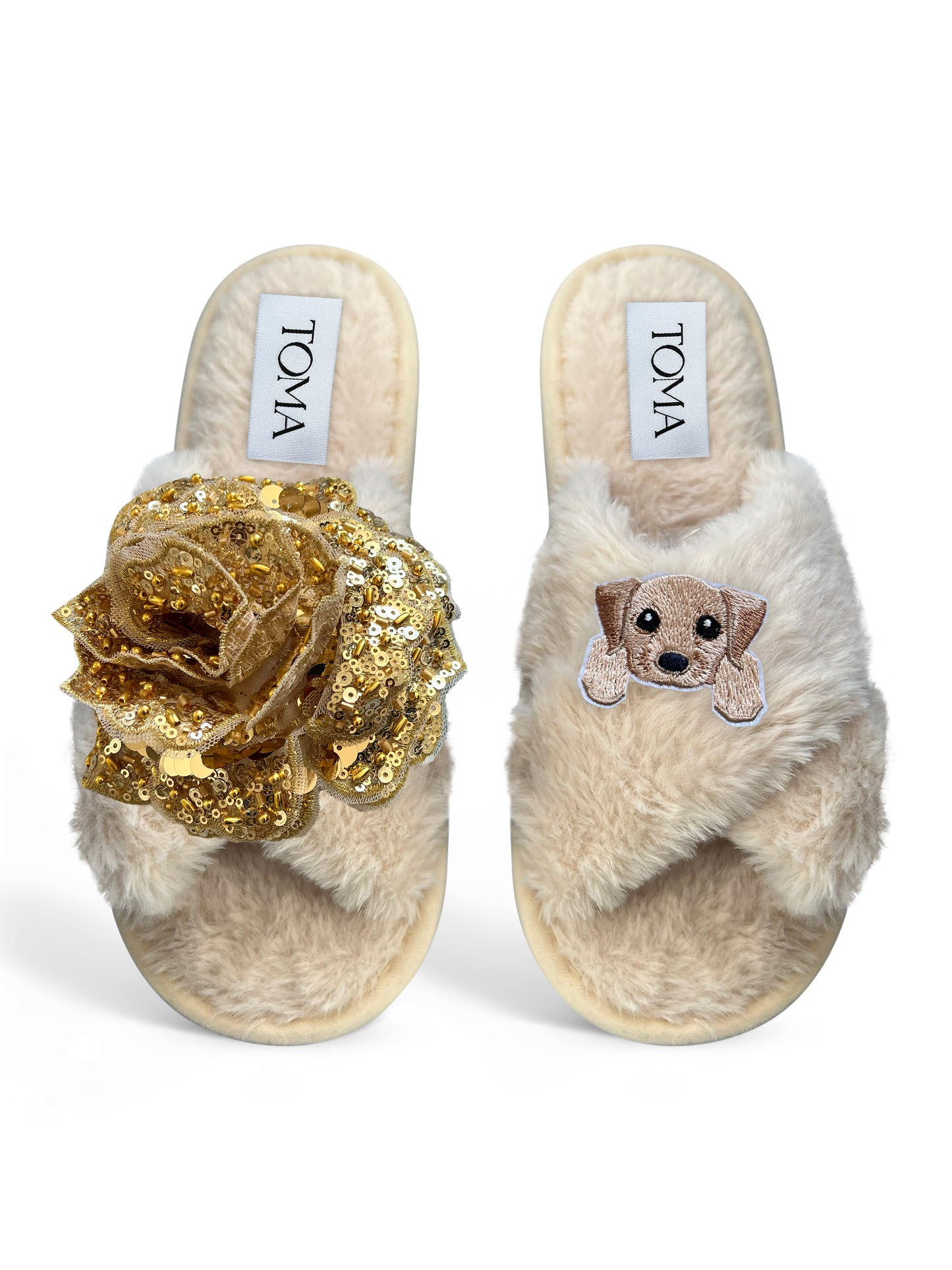 Classic Toma Open Toe Gold Sequin Flower And Dog One Slippers