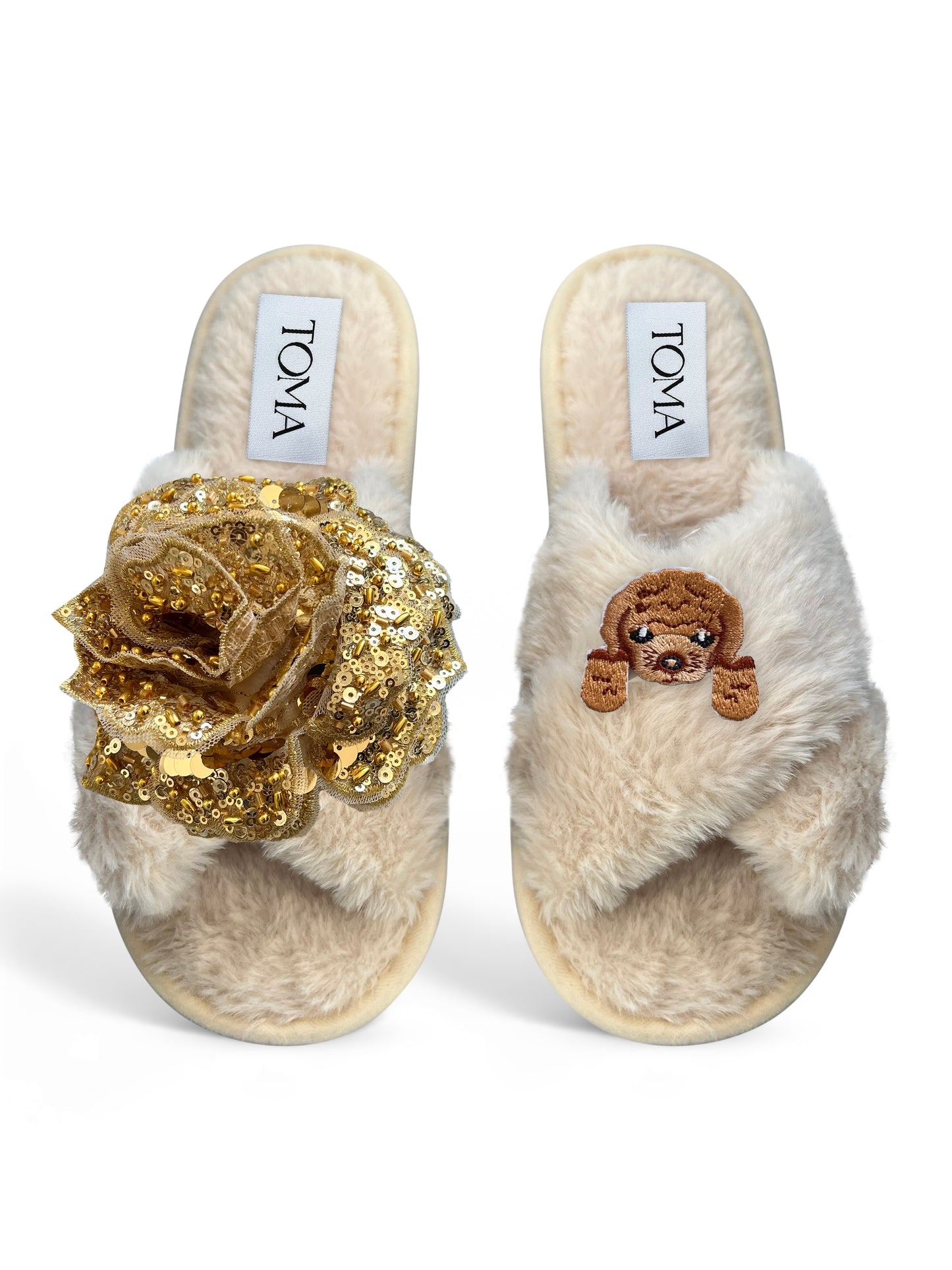 Classic Toma Open Toe Gold Sequin Flower And Dog Five Slippers