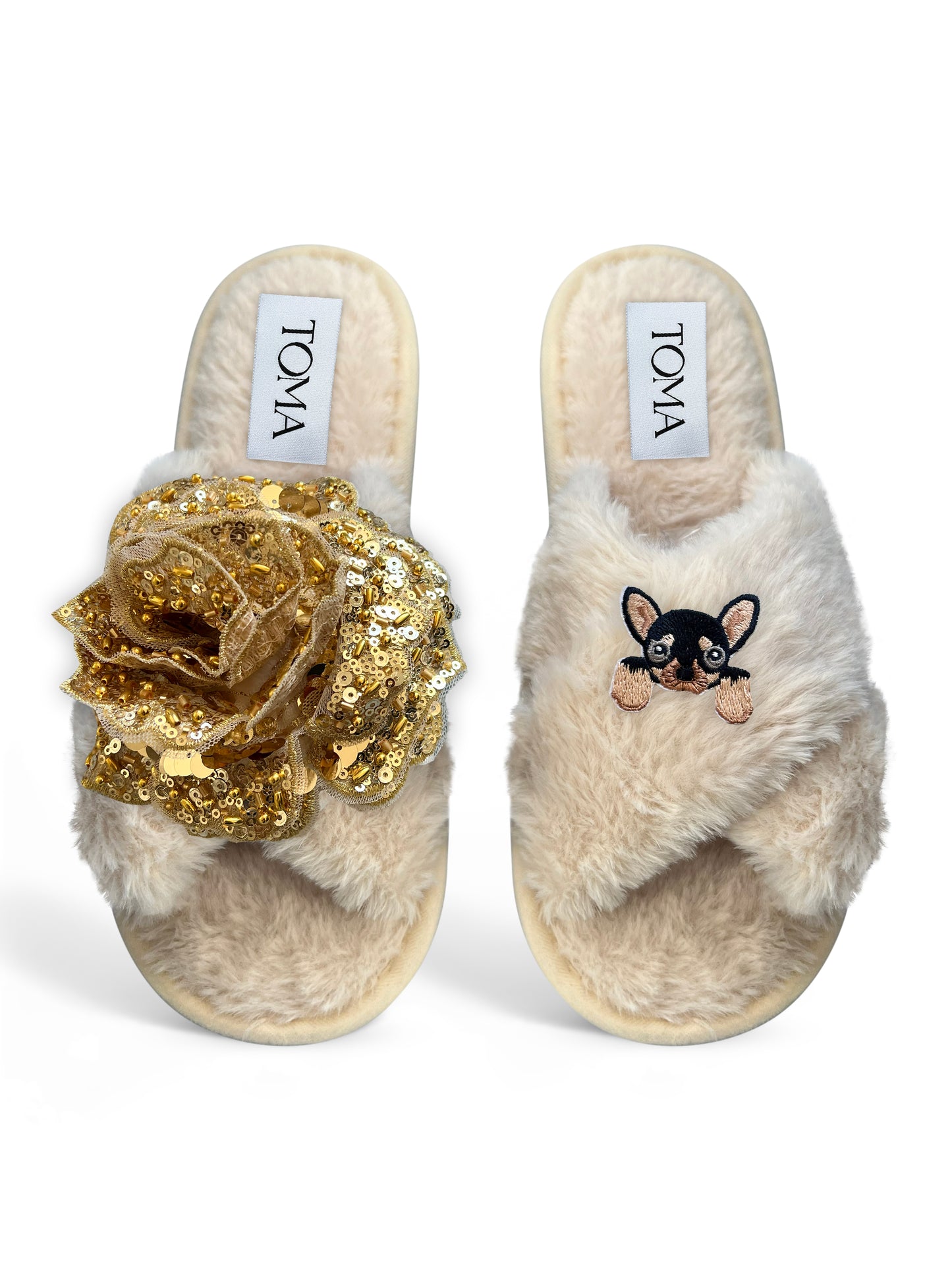 Classic Toma Open Toe Gold Sequin Flower And Dog Twelve Slippers