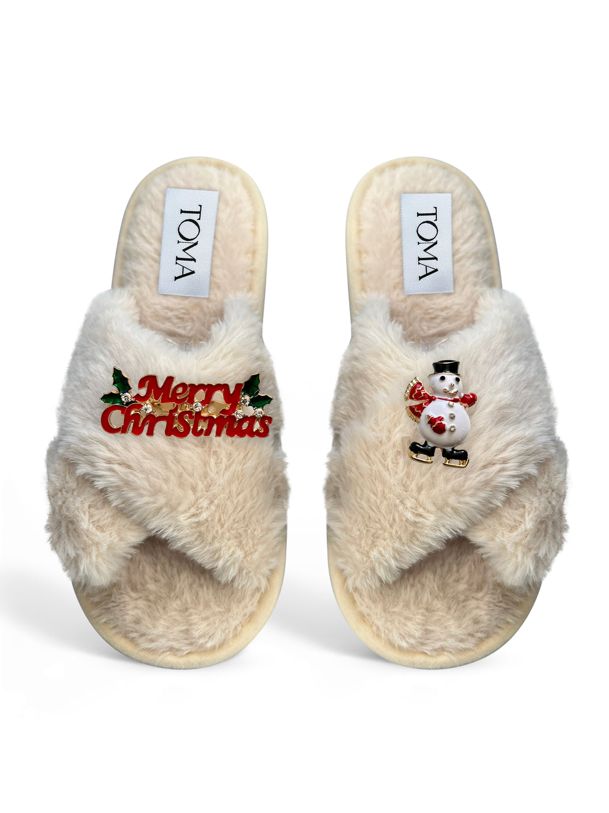 Classic Toma Faux Fur Open Toe Merry Christmas Slippers