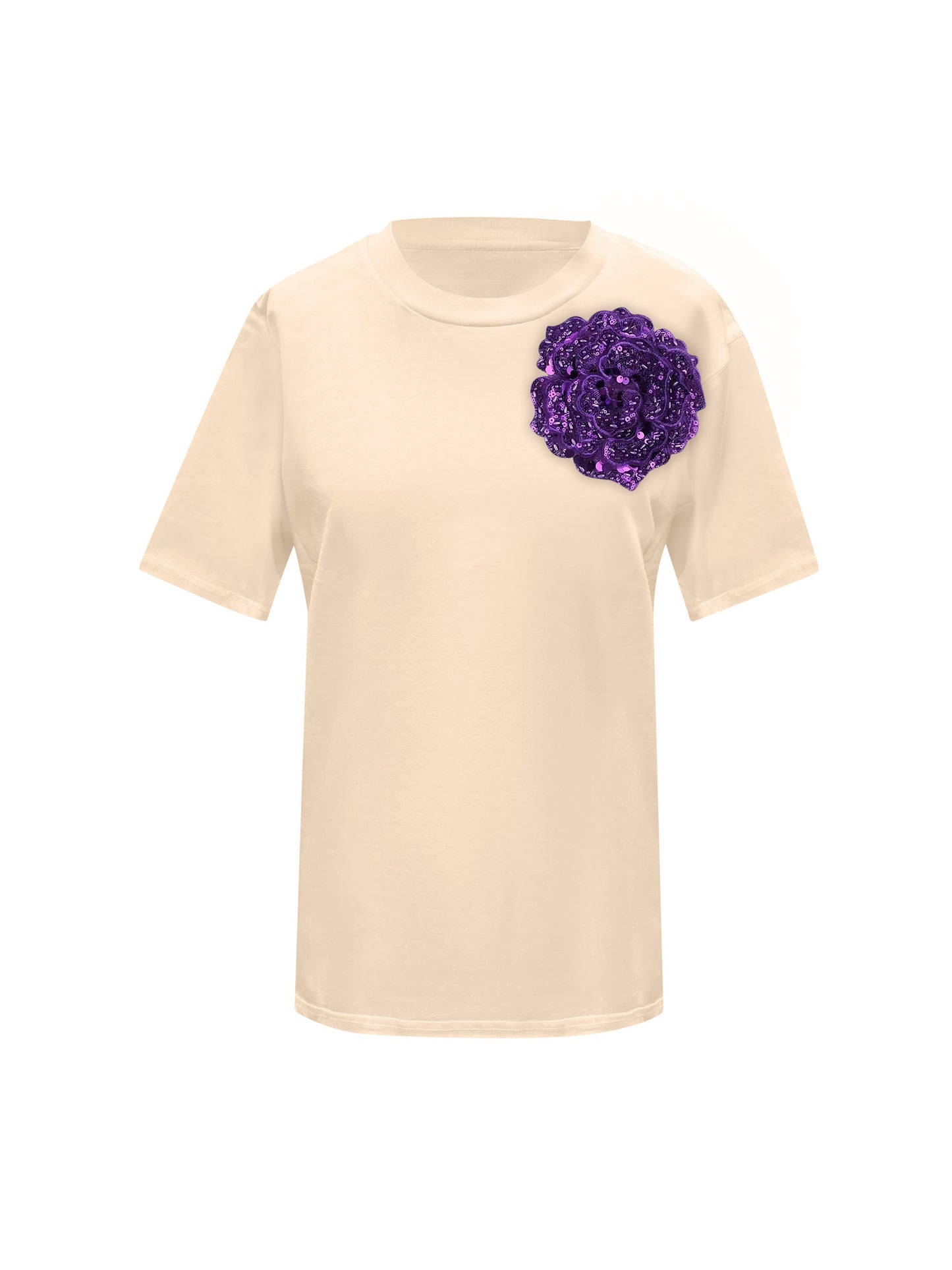 Beige Cotton Toma T-Shirt With Sequin Flower