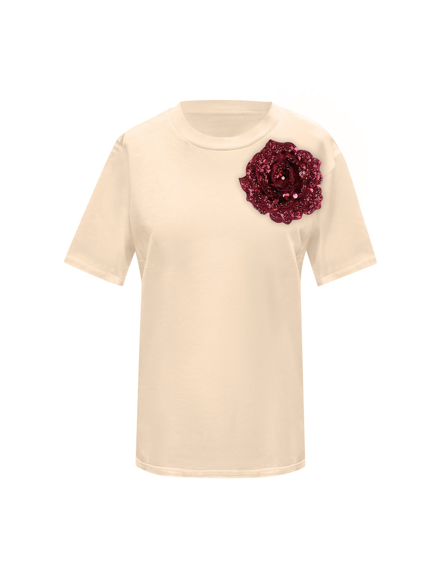 Beige Cotton Toma T-Shirt With Sequin Flower