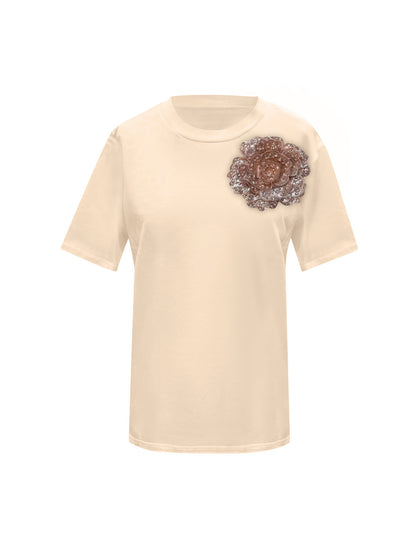Beige Cotton Toma T-Shirt With Sequin Flower