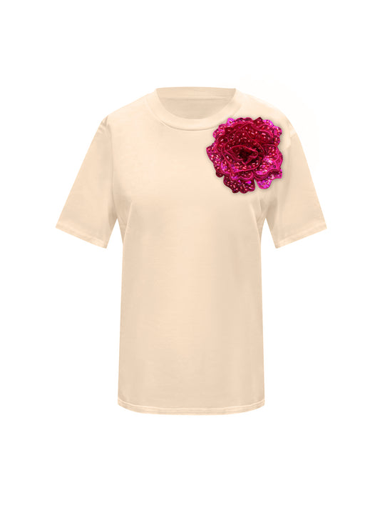 Beige Cotton Toma T-Shirt With Sequin Flower