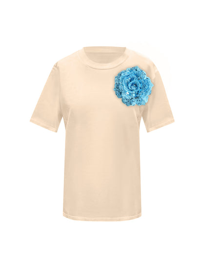 Beige Cotton Toma T-Shirt With Sequin Flower