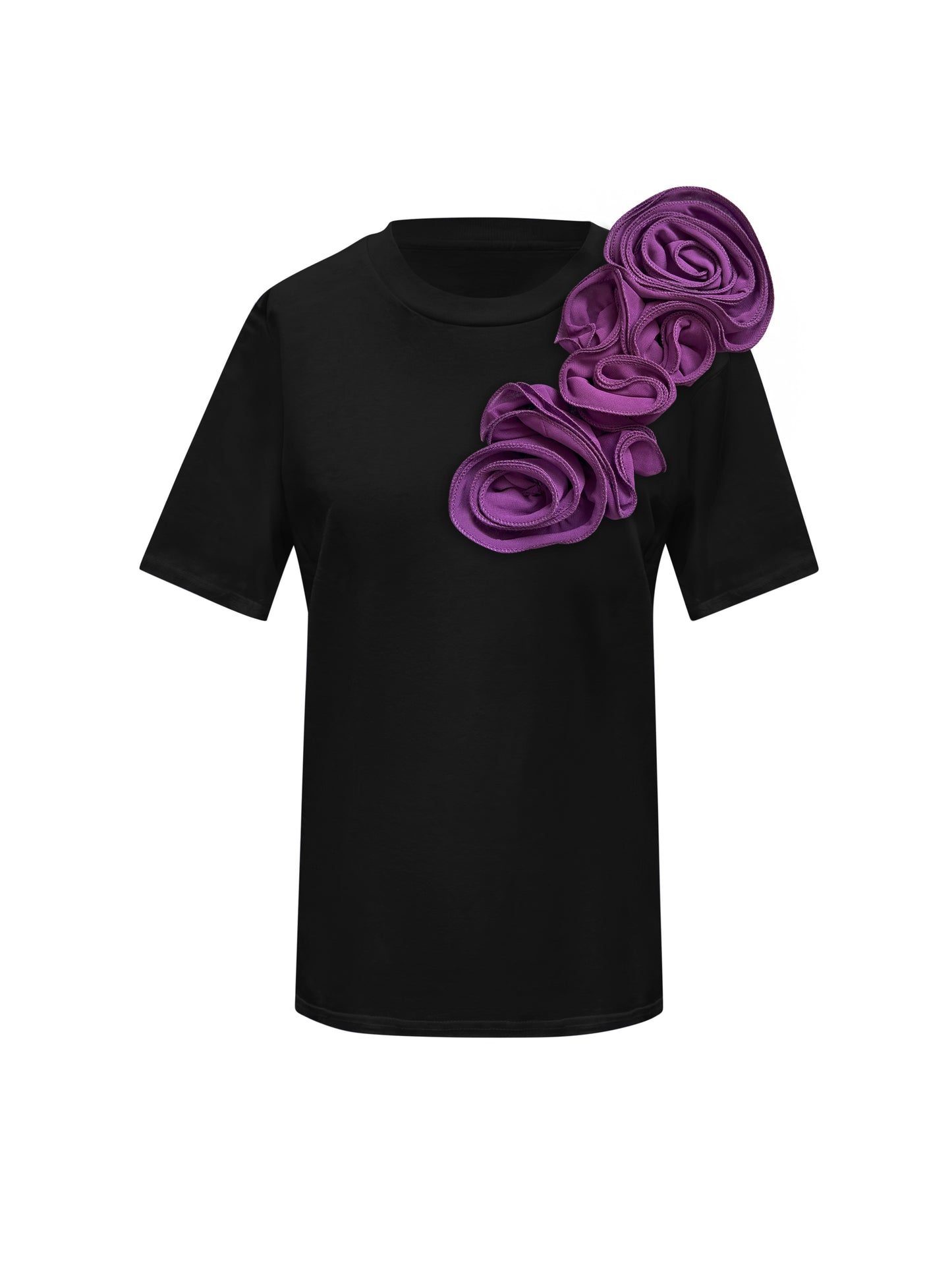 Black Cotton T-Shirt With Handmade Flower