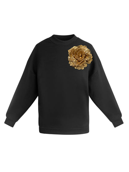 Black Cotton Sweatshirt With Gold Sequin Flower