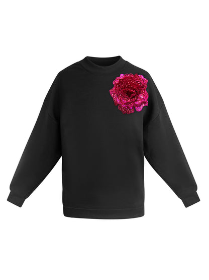 Black Cotton Sweatshirt With Fuchsia Sequin Flower
