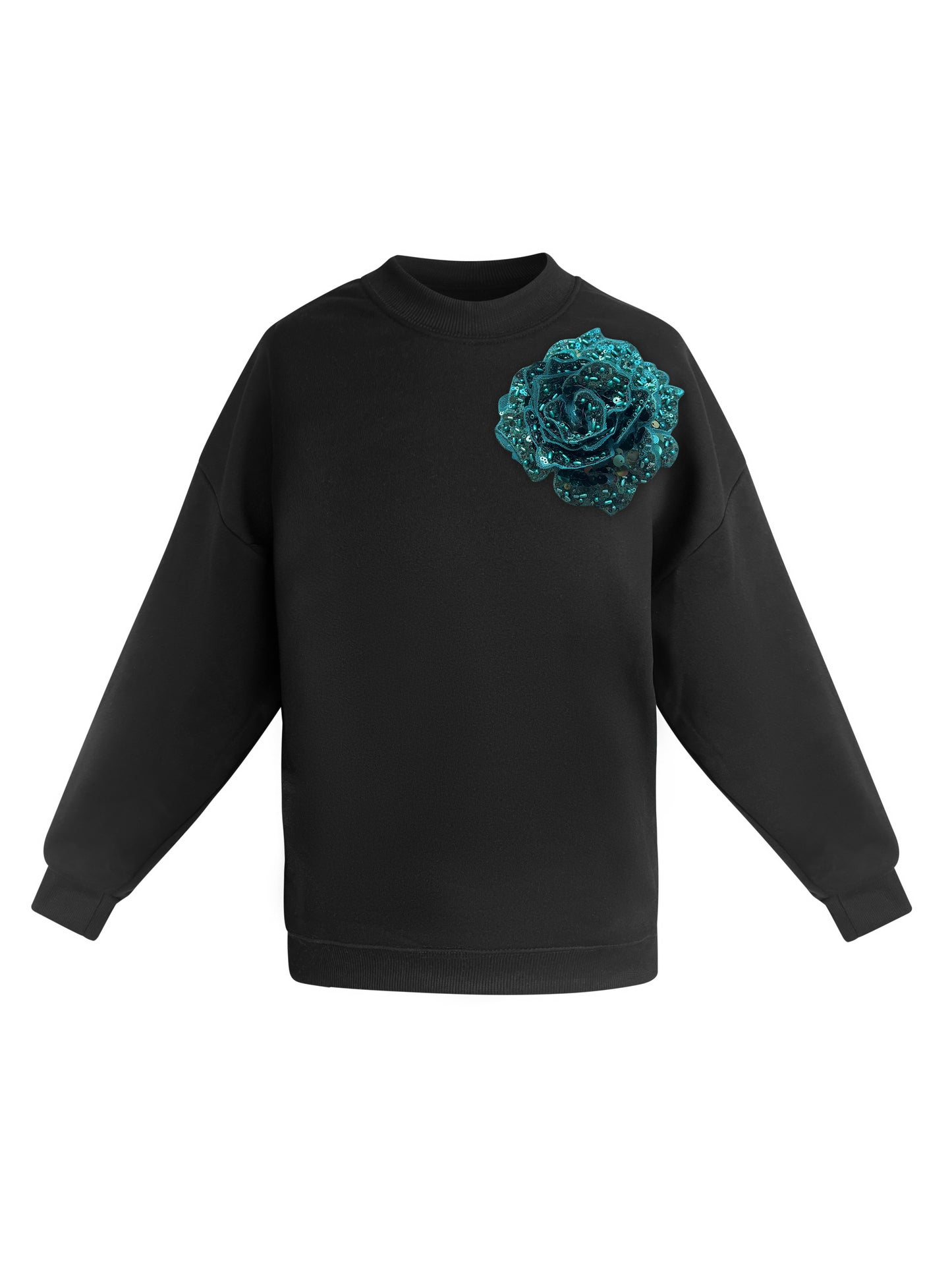 Black Cotton Sweatshirt With Green Sequin Flower