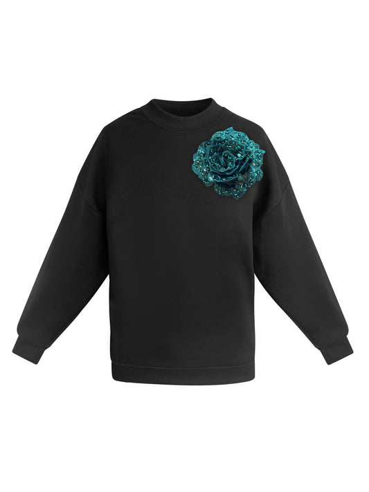 Black Cotton Sweatshirt With Green Sequin Flower