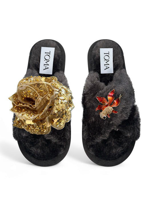 Classic Toma Faux Fur Open Toe Gold Sequin And Brooch Slippers