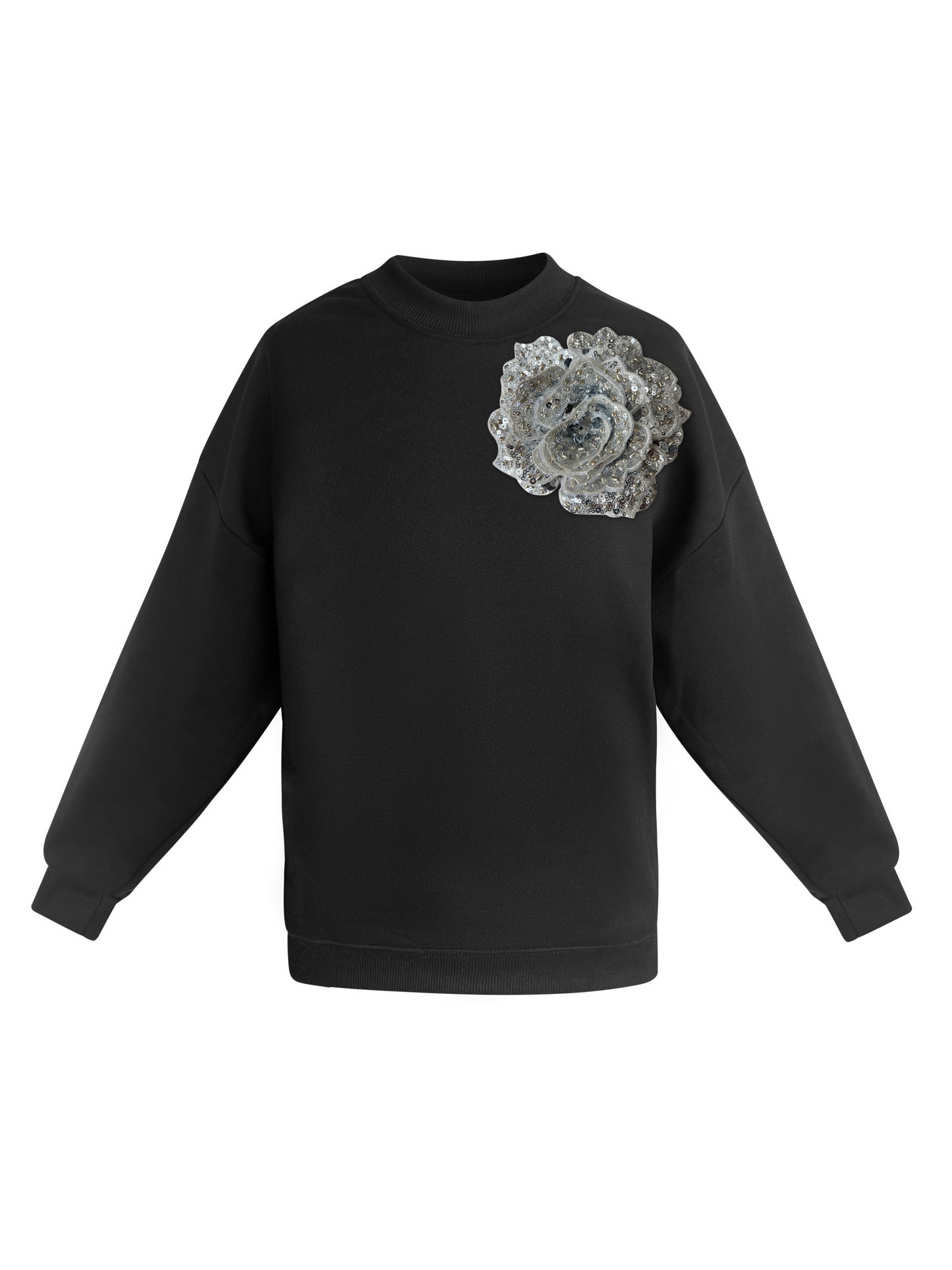 Black Cotton Sweatshirt With Silver Sequin Flower