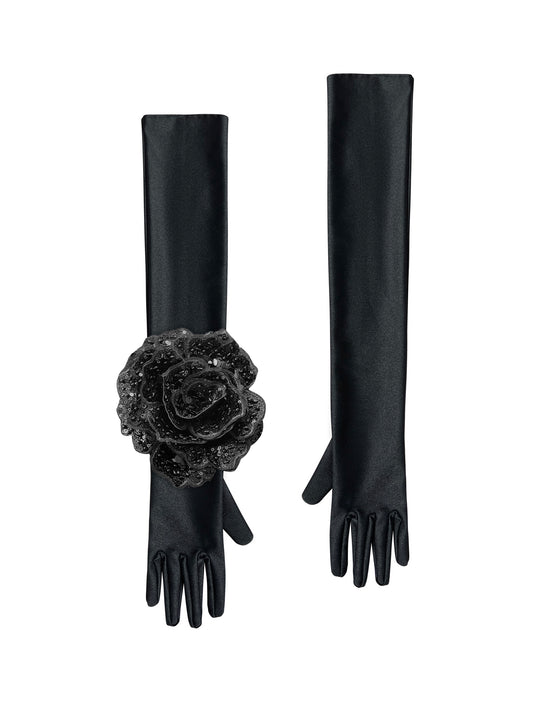 Black Evening Chic Gloves With Black Sequin Rose