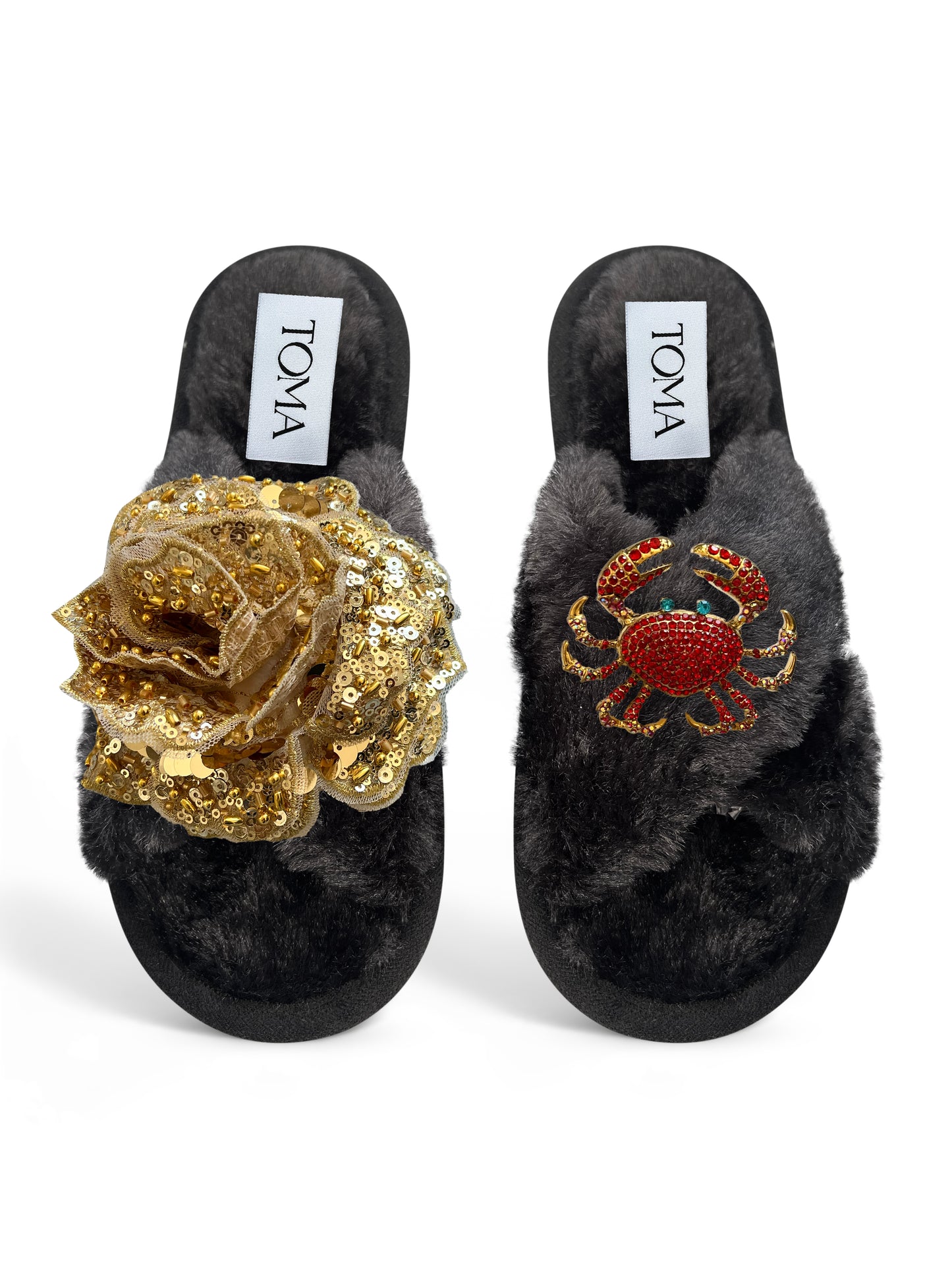 Classic Toma Faux Fur Open Toe Gold Sequin Flower And Crab Slippers