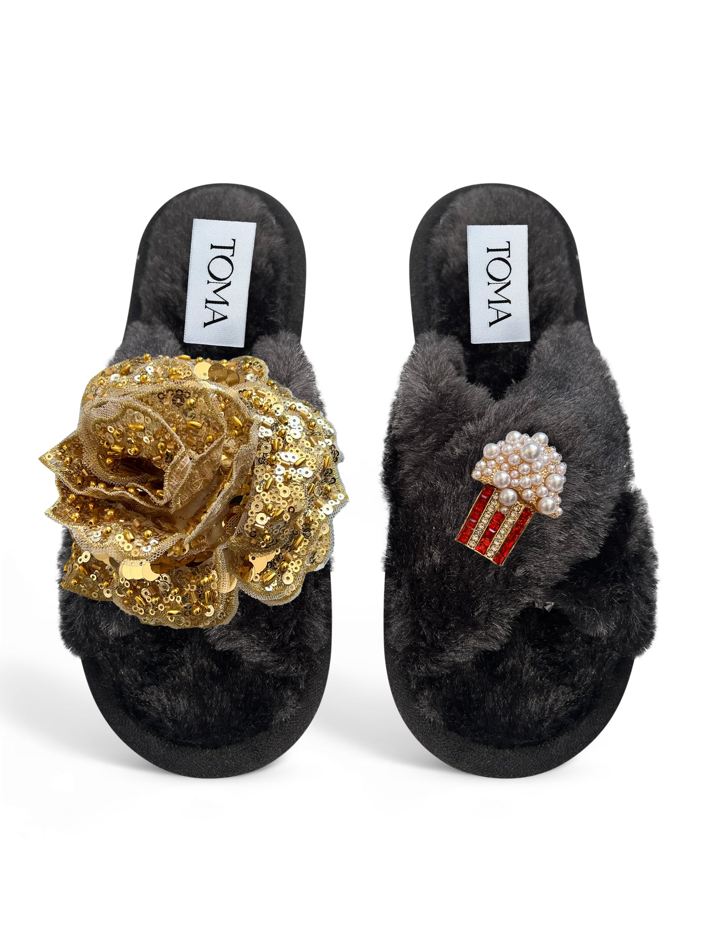 Classic Toma Faux Fur Open Toe Gold Sequin And Popcorn Slippers