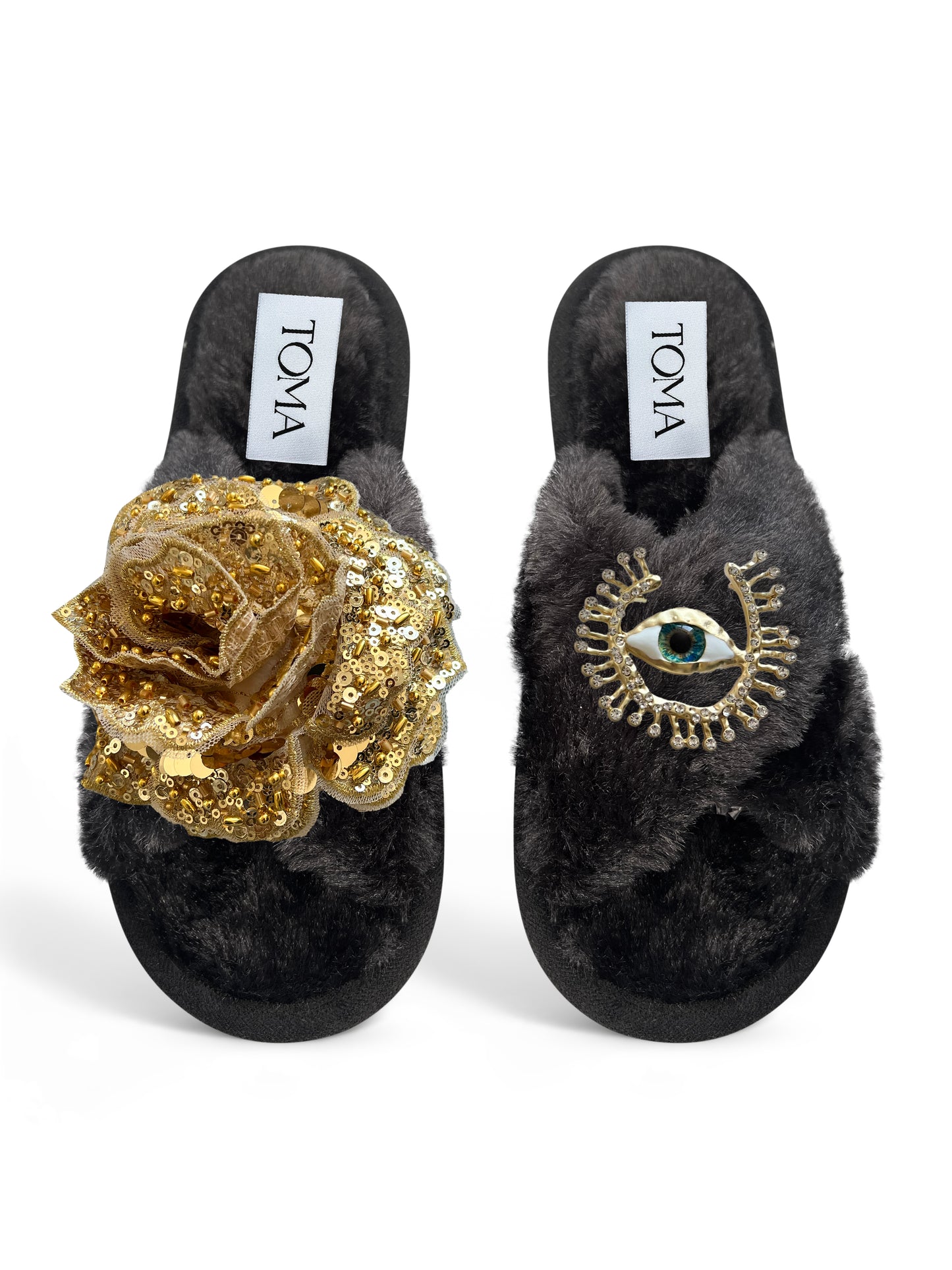Classic Toma Open Toe Gold Sequin Flower With Blue Eye Slippers