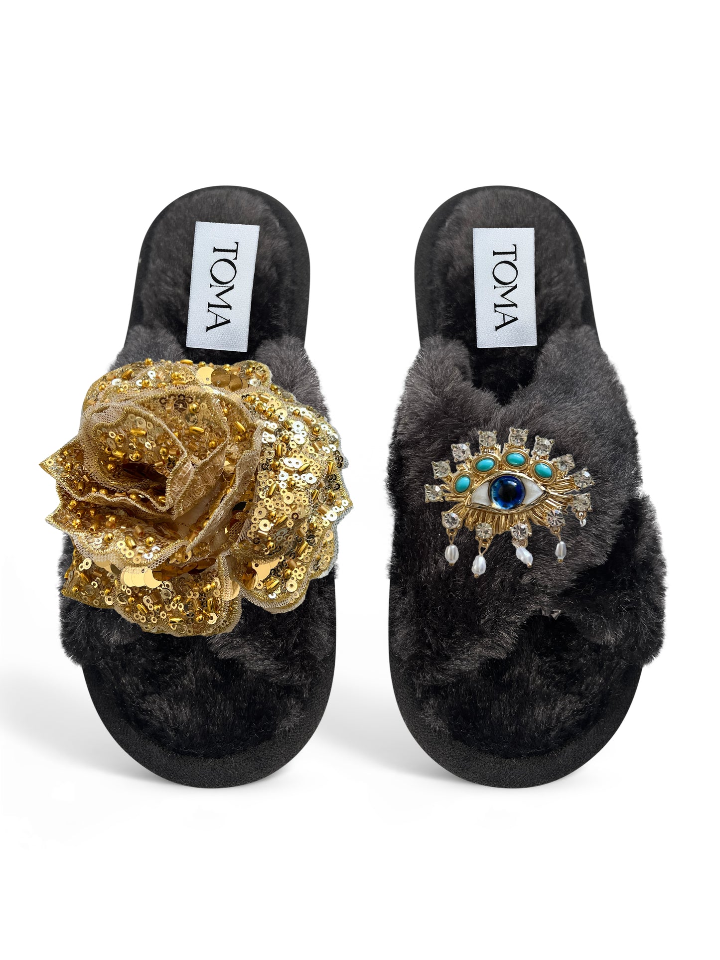 Classic Toma Open Toe Gold Sequin Flower And Blue Eye Slippers