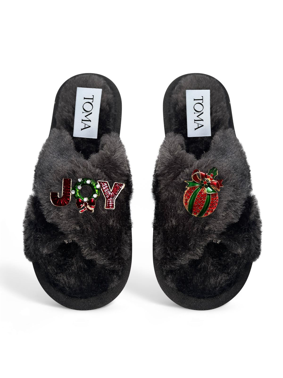 Classic Toma Faux Fur Open Toe Christmas Joy Slippers