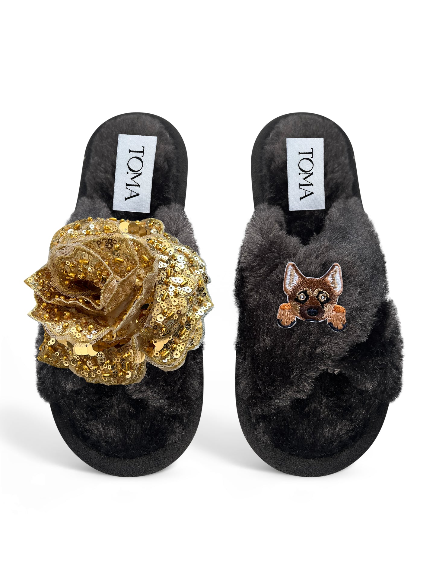 Classic Toma Open Toe Gold Sequin Flower And Dog Seven Slippers