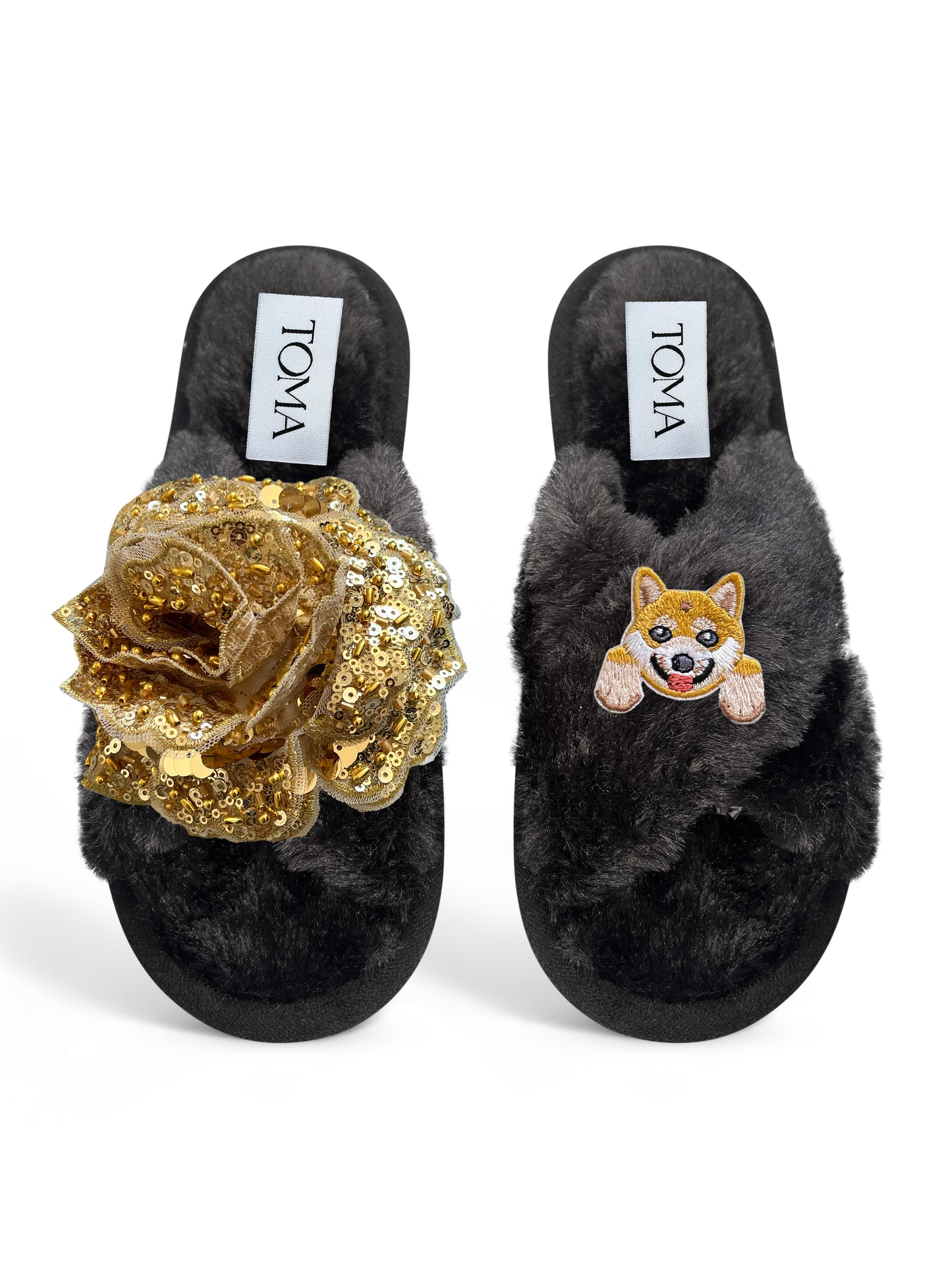 Classic Toma Open Toe Gold Sequin Flower And Dog Ten Slippers