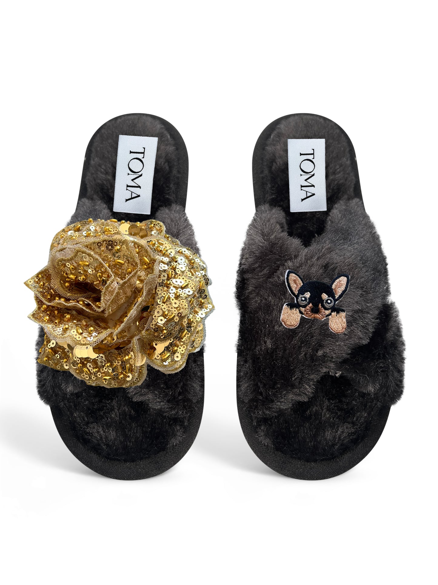 Classic Toma Open Toe Gold Sequin Flower And Dog Twelve Slippers