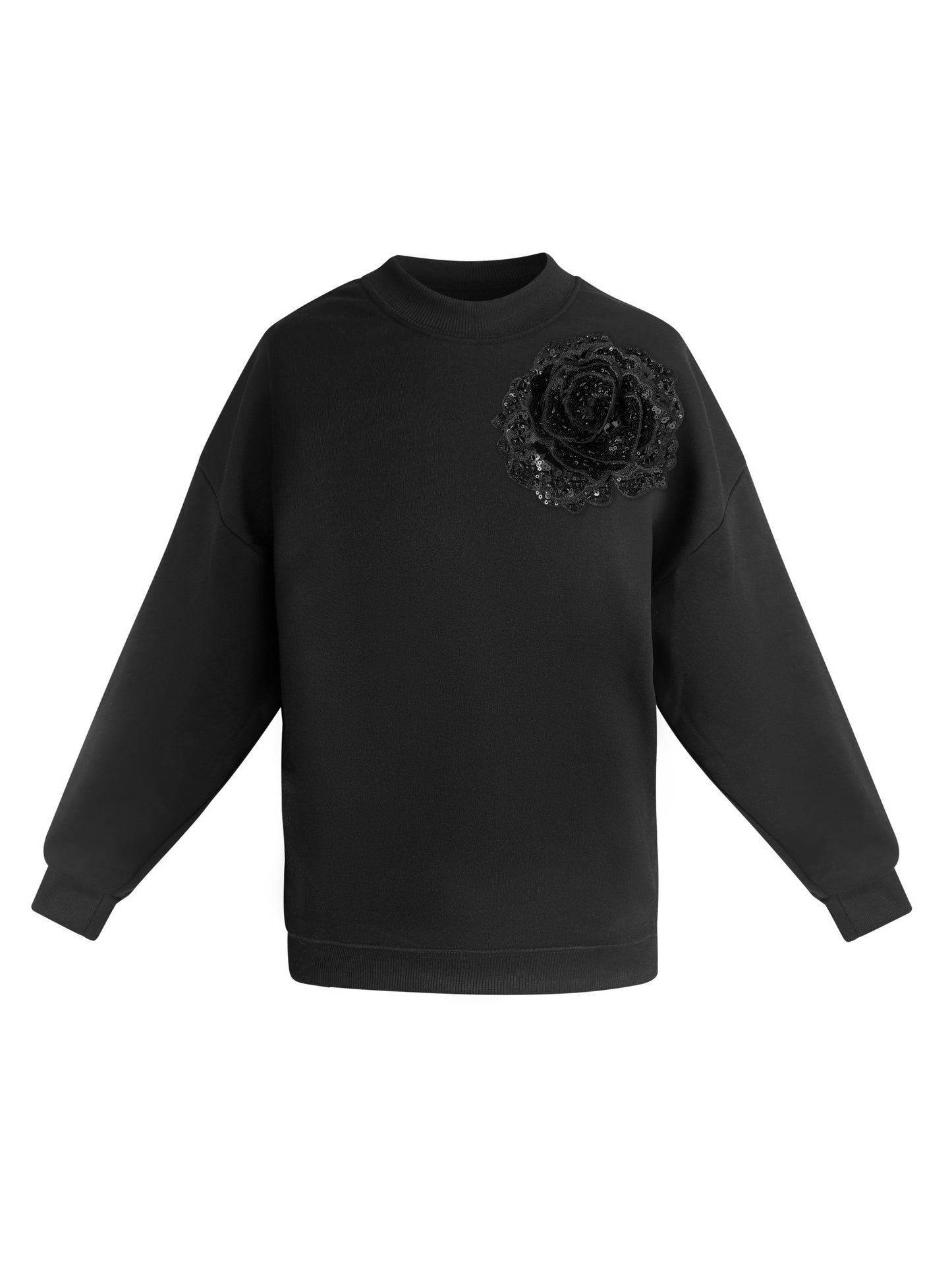 Black Cotton Sweatshirt With Black Sequin Flower