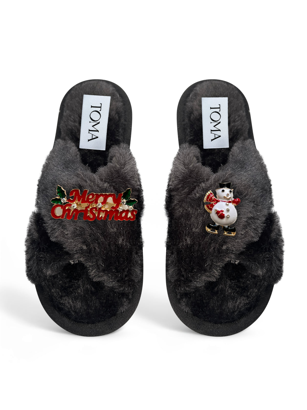 Classic Toma Faux Fur Open Toe Merry Christmas Slippers