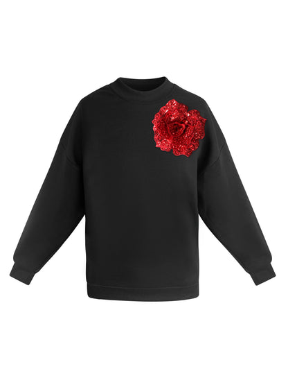 Black Cotton Sweatshirt With Red Sequin Flower
