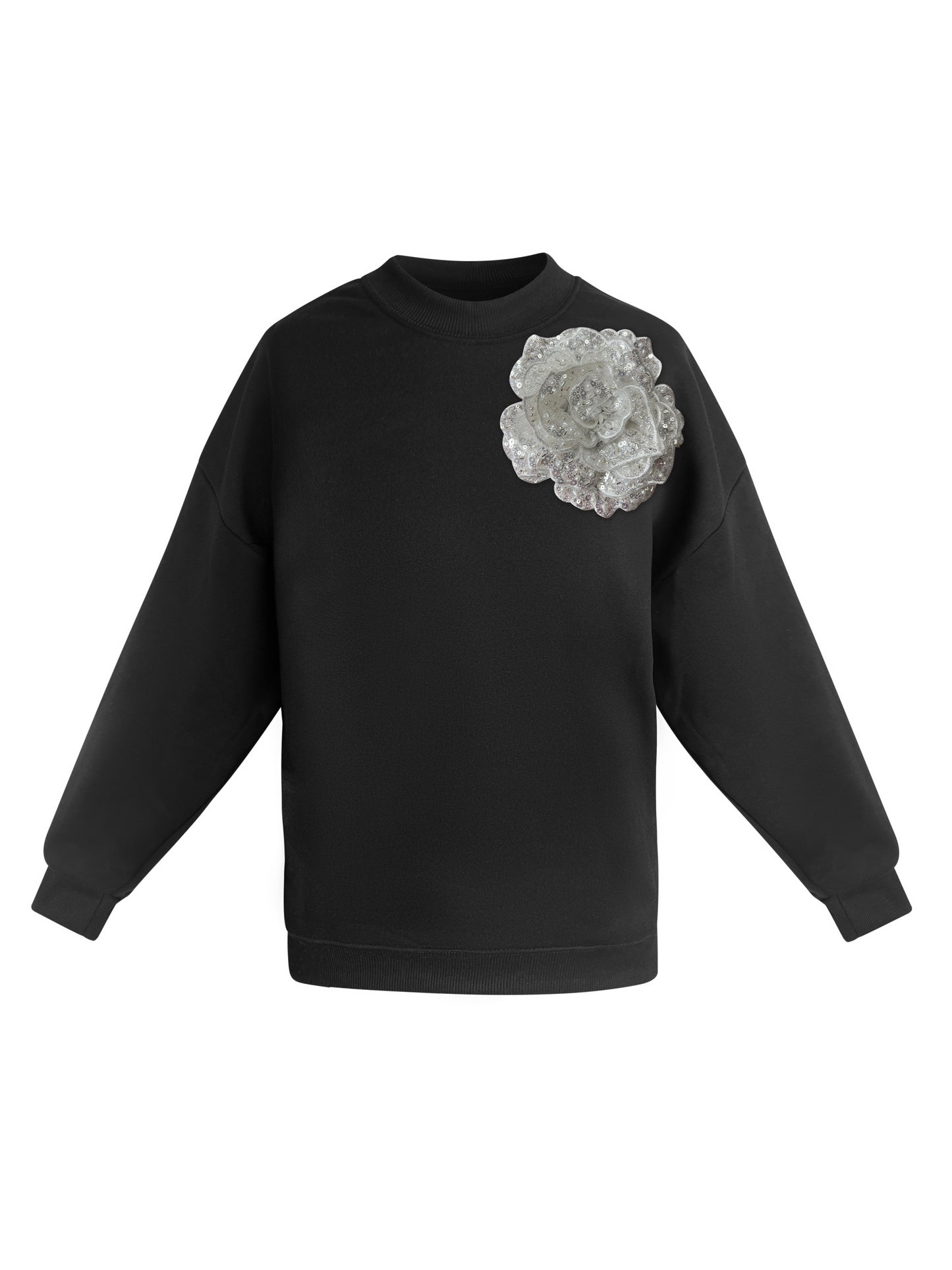 Black Cotton Sweatshirt With White Sequin Flower