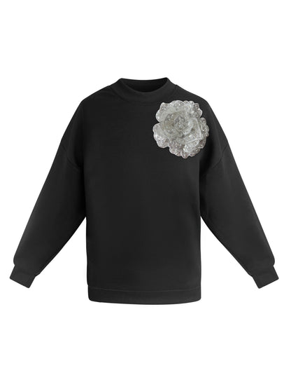 Black Cotton Sweatshirt With White Sequin Flower