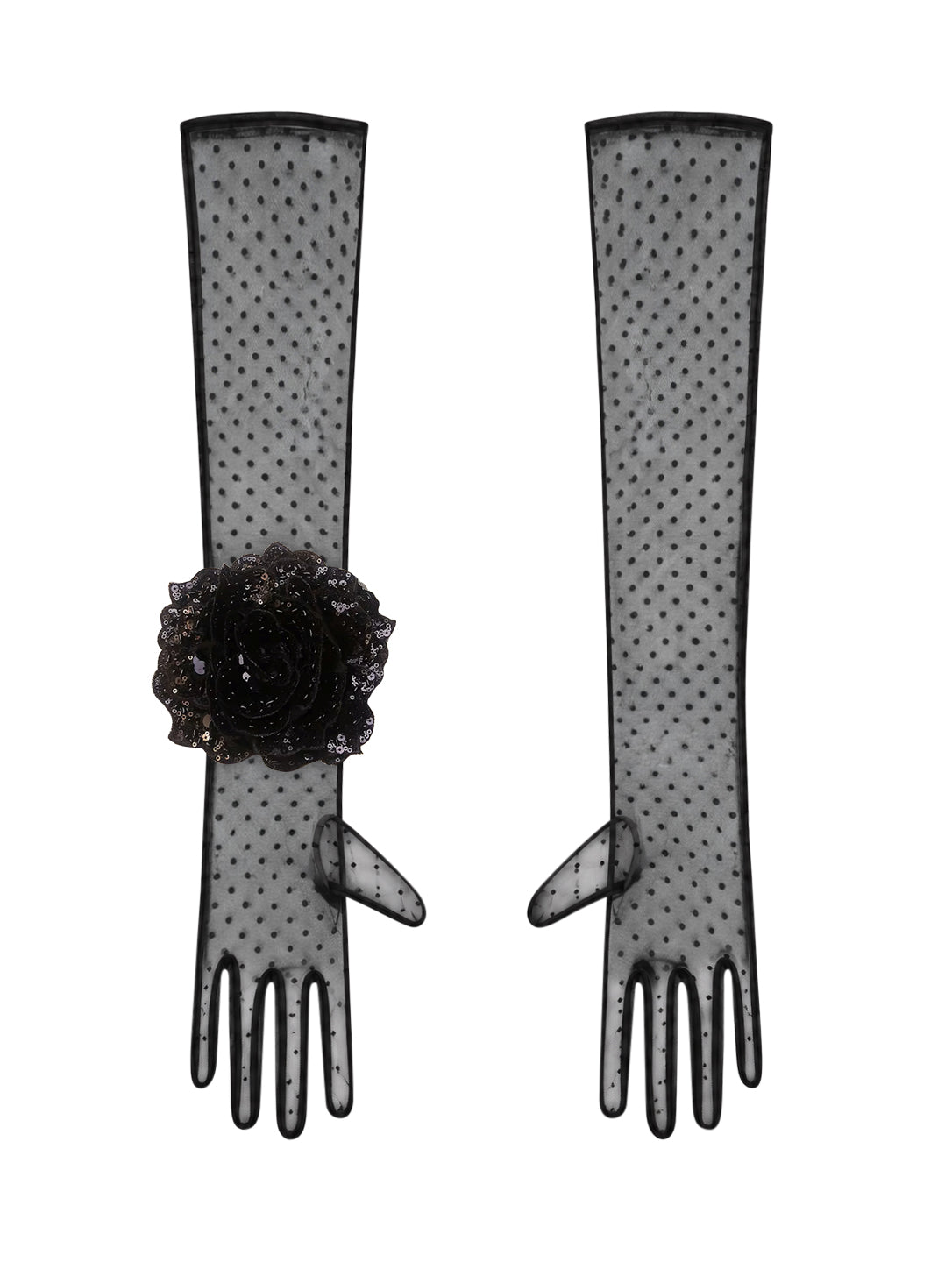 Long Black Polka Dot Gloves With Black Sequin Rose