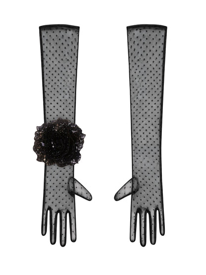 Long Black Polka Dot Gloves With Black Sequin Rose