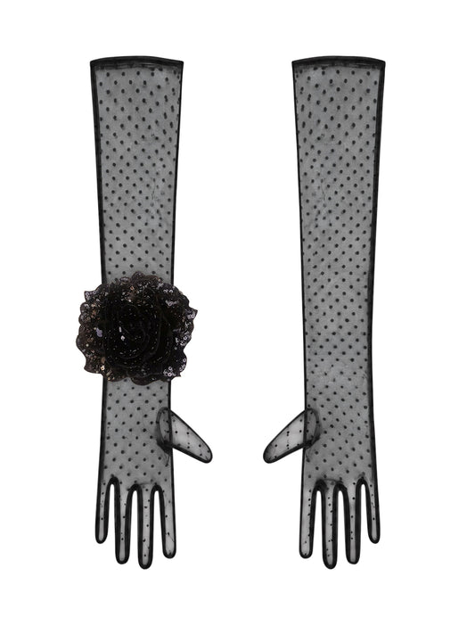 Long Black Polka Dot Gloves With Black Sequin Rose