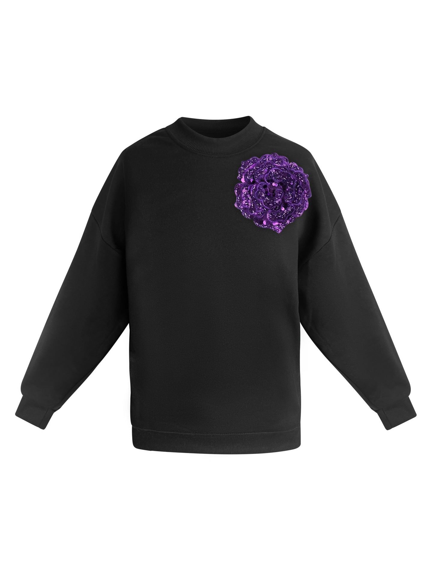 Cotton Sweatshirt With Bright Purple Sequin Flower