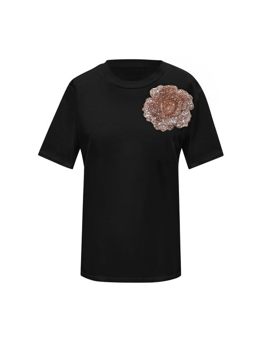 Black Cotton Toma T-Shirt With Sequin Flower