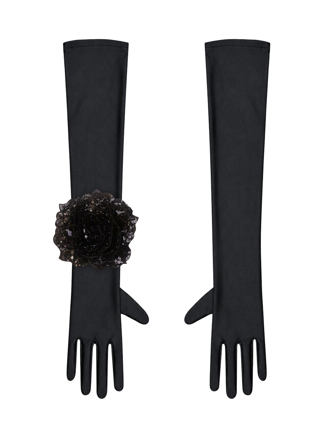 Black Evening Chic Gloves With Black Sequin Rose