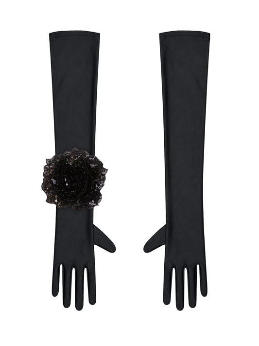 Black Evening Chic Gloves With Black Sequin Rose