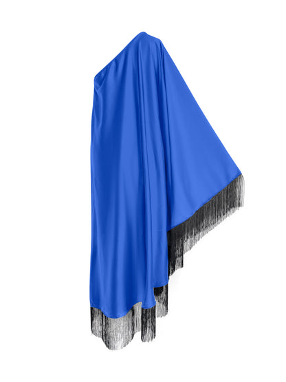 Black Fringe Off Shoulder Blue Glam Midi Dress