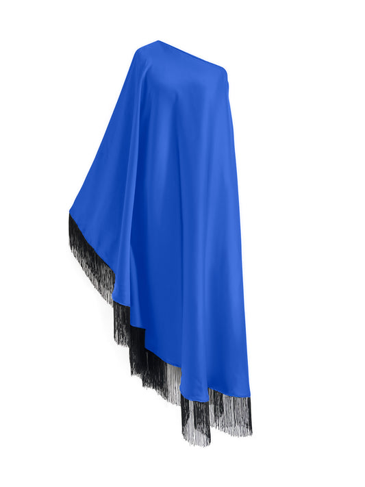 Black Fringe Off Shoulder Blue Glam Midi Dress