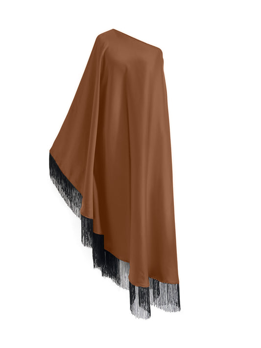 Black Fringe Off Shoulder Brown Glam Midi Dress